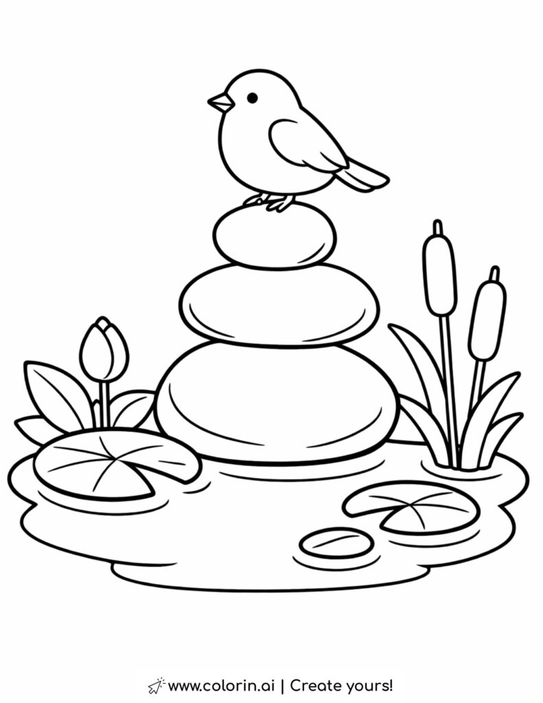 bird sitting on stacked zen stones coloring page beside pond plants and lily pads coloring page