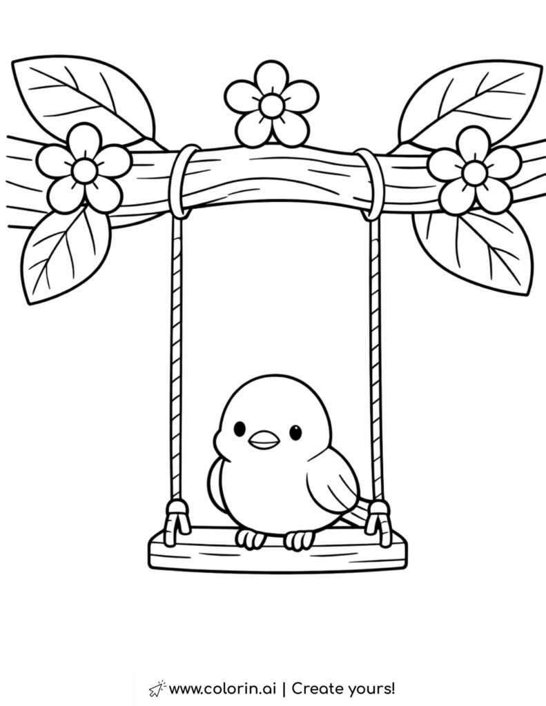bird sitting on tree swing coloring page with flowers and leaves on the branch