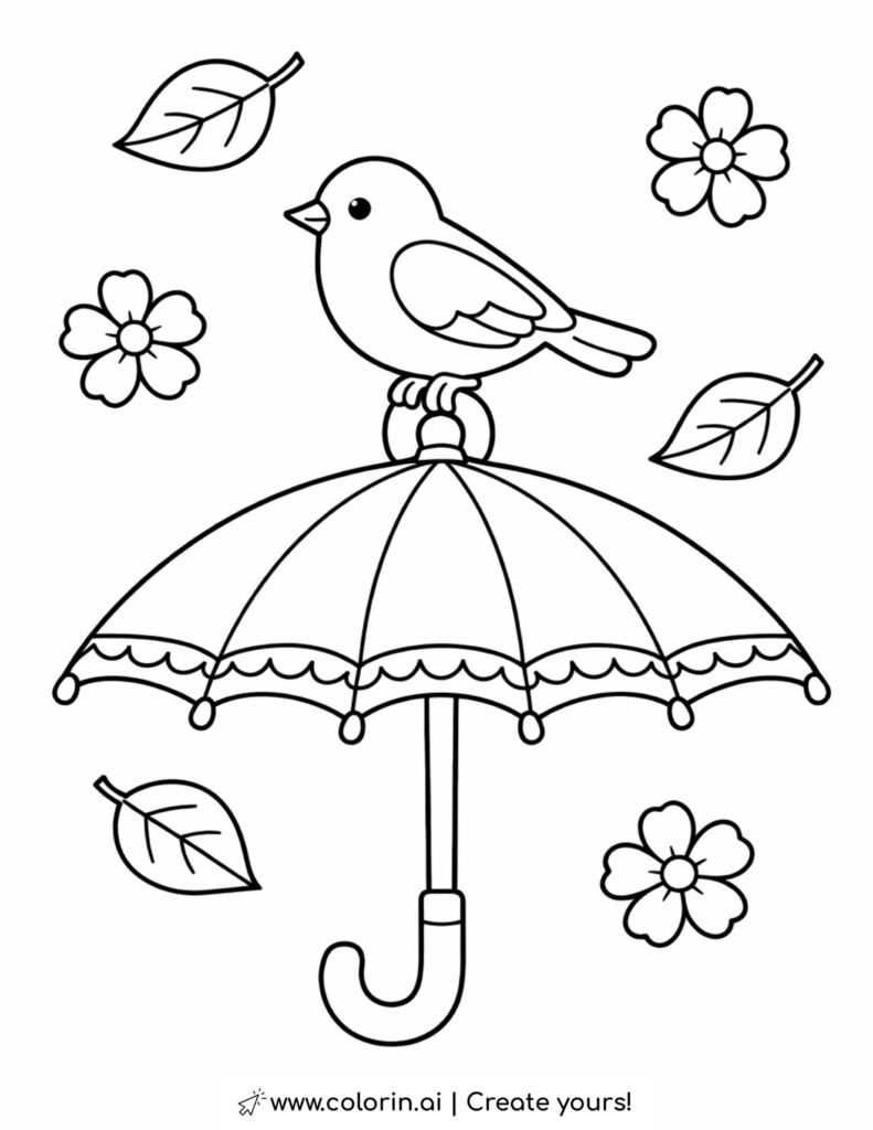 bird sitting on umbrella coloring page with falling leaves and flowers