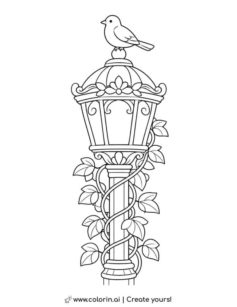 bird sitting on vintage street lamp coloring page with climbing vines and leaves