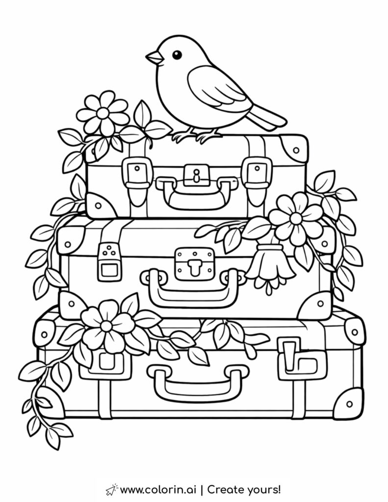 bird sitting on vintage suitcases coloring page with flowers and leafy vines