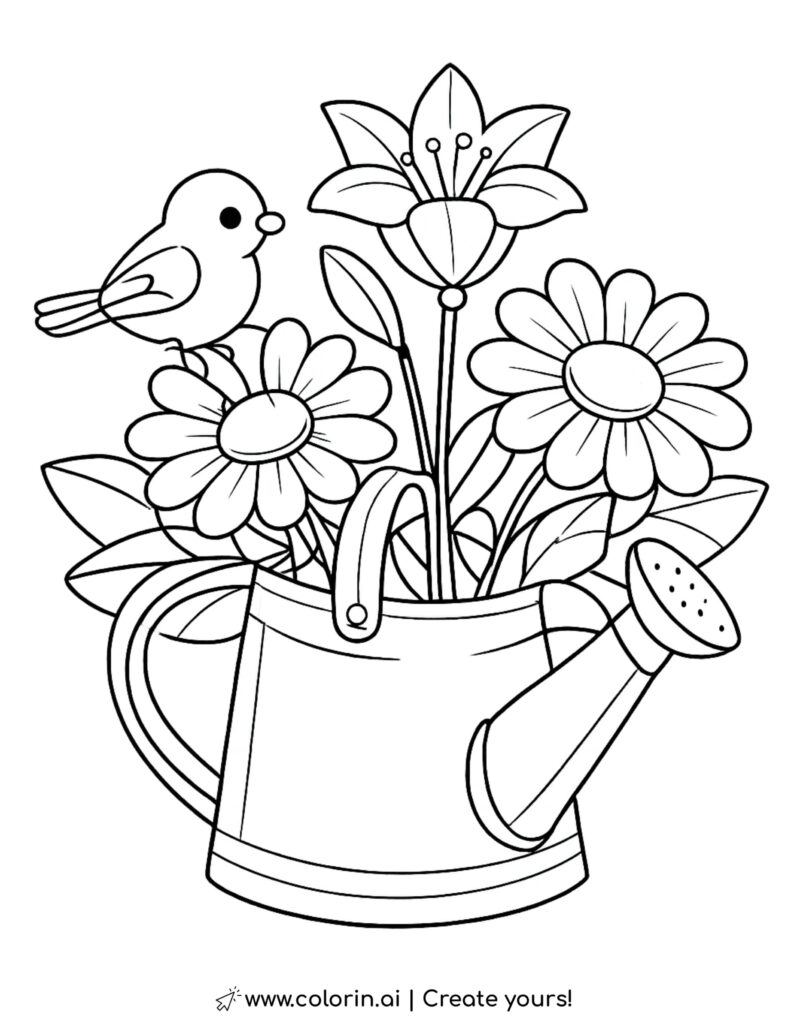 bird sitting on watering can with flowers coloring page with garden flowers and leaves