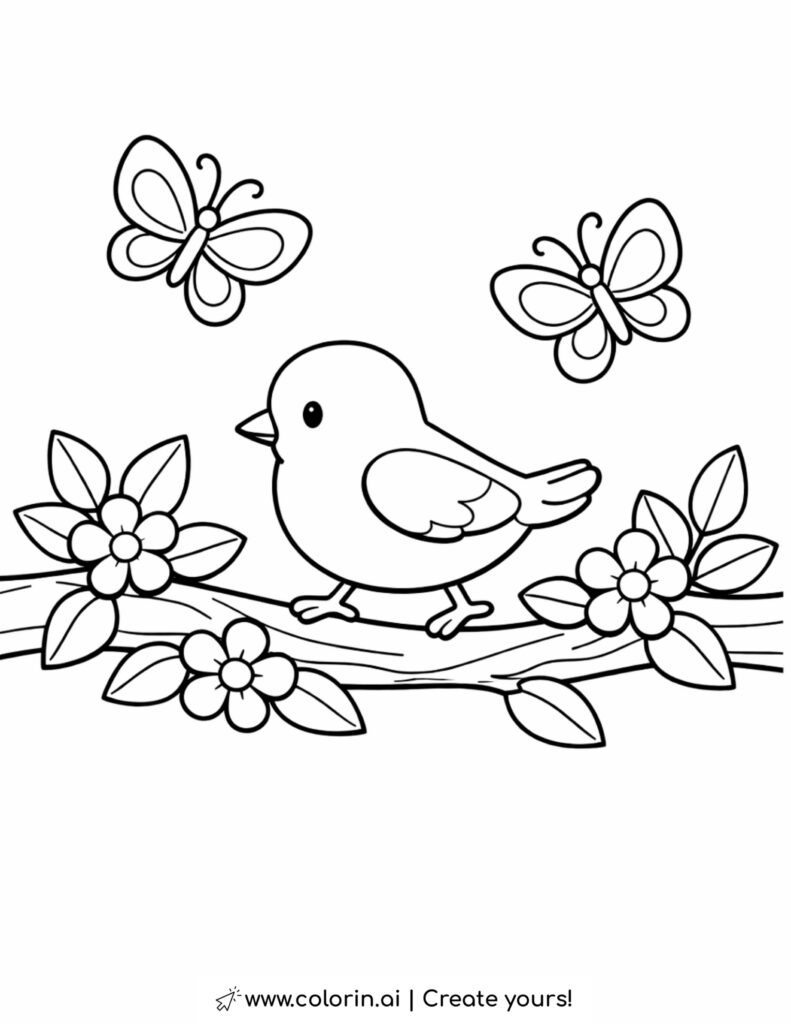 bird walking on flower branch coloring page with butterflies and flowers coloring page