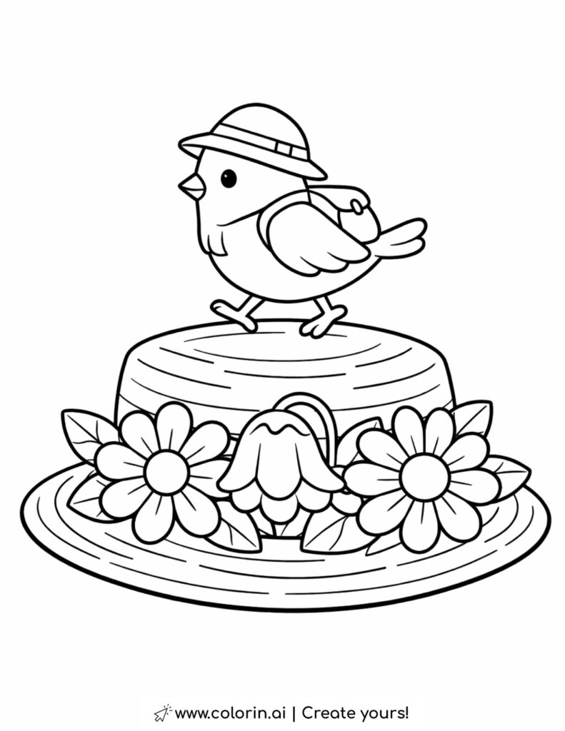 bird walking on straw hat coloring page with flowers on hat brim coloring page
