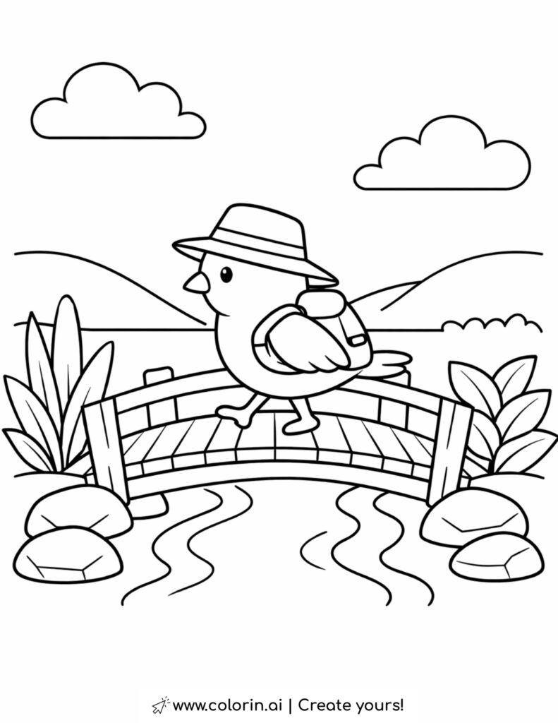 bird walking on wooden bridge coloring page over small stream with plants and rocks coloring page