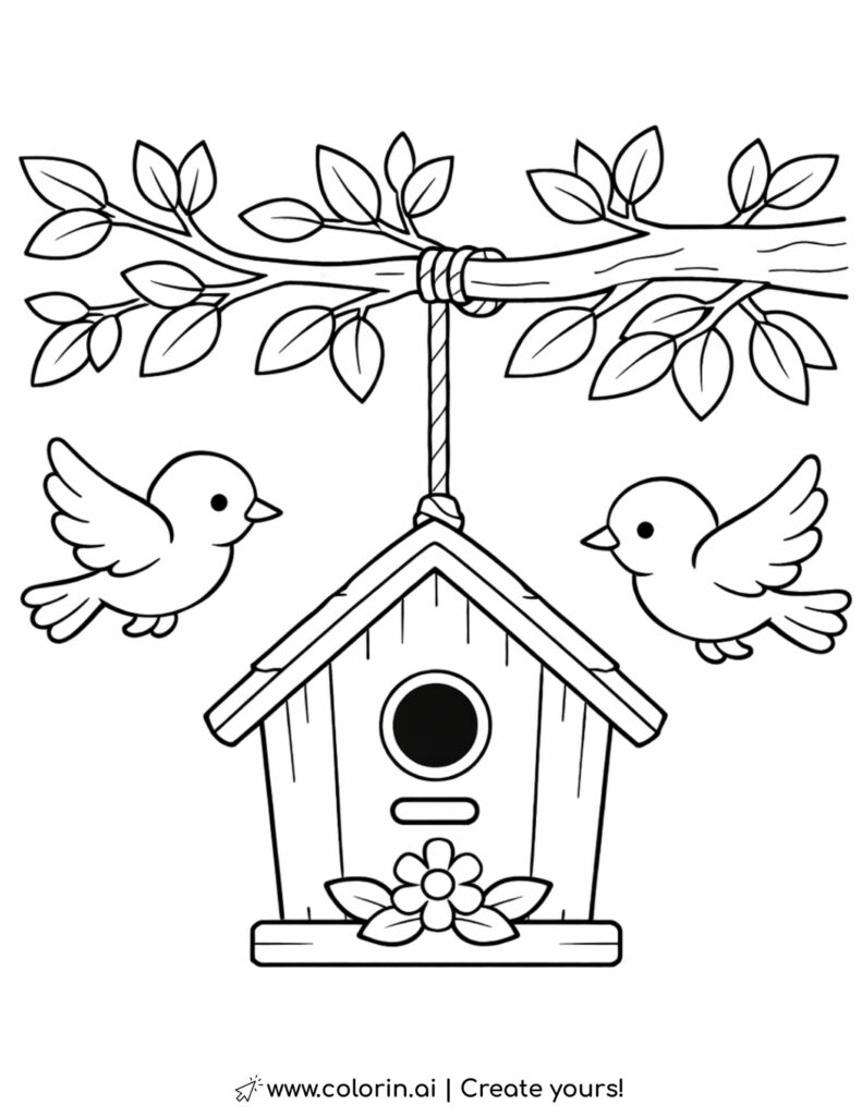 two birds flying around hanging birdhouse coloring page with leafy branch