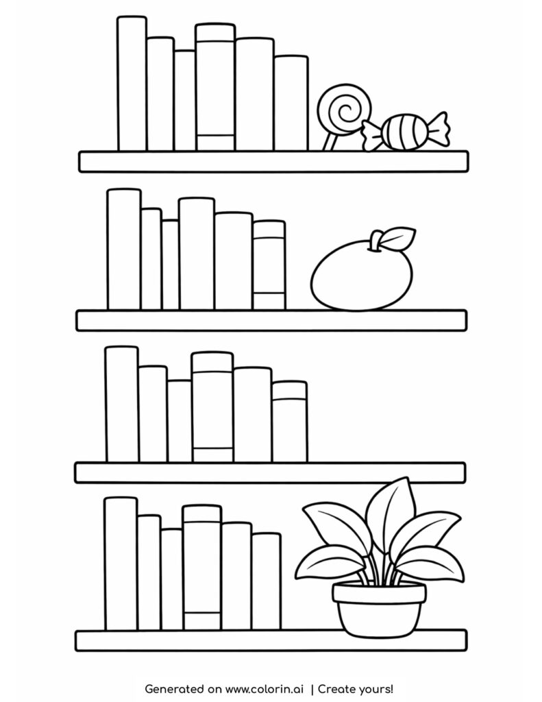 bookshelf with books candy apple and plant coloring page