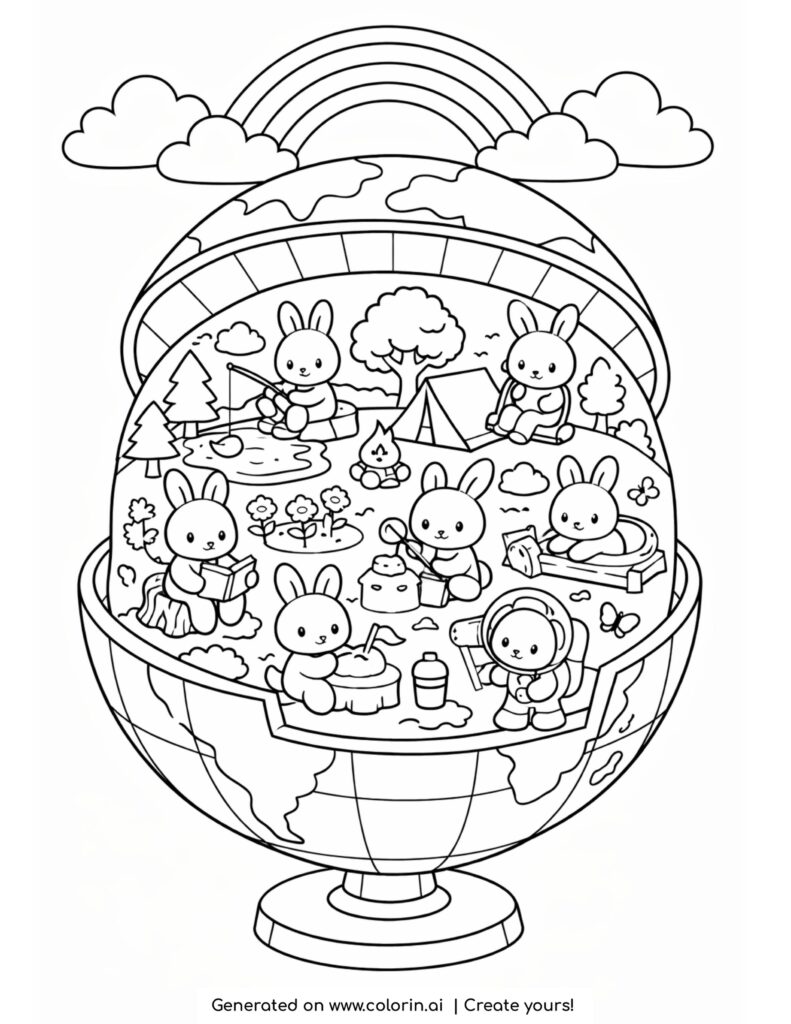 bunnies inside a globe world coloring page with mini scenes trees and rainbow coloring page