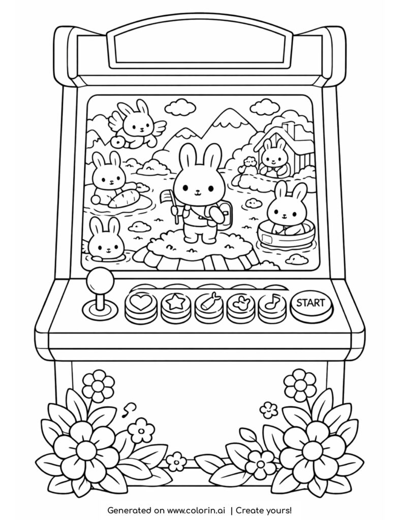 bunnies inside arcade game screen coloring page with game buttons and flowers coloring page