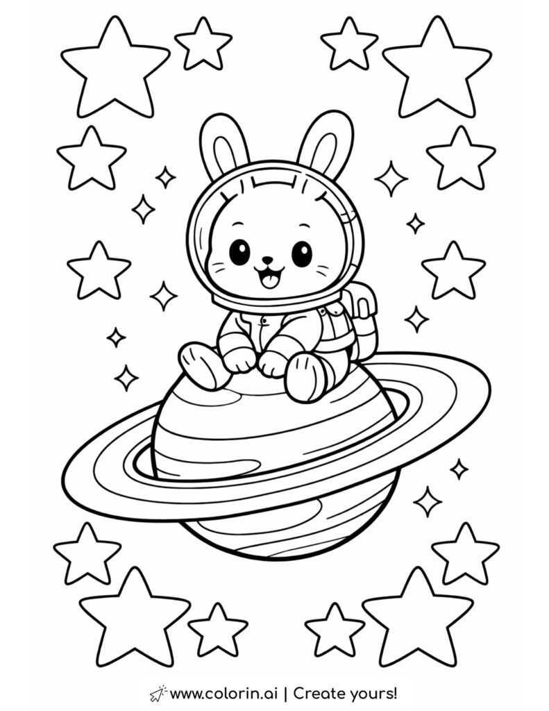 bunny astronaut sitting on ringed planet coloring page with stars