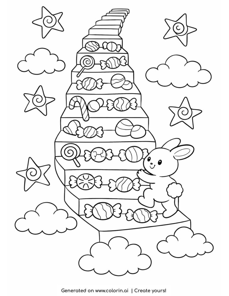 bunny climbing candy staircase in sky coloring page with sweets clouds and stars coloring page