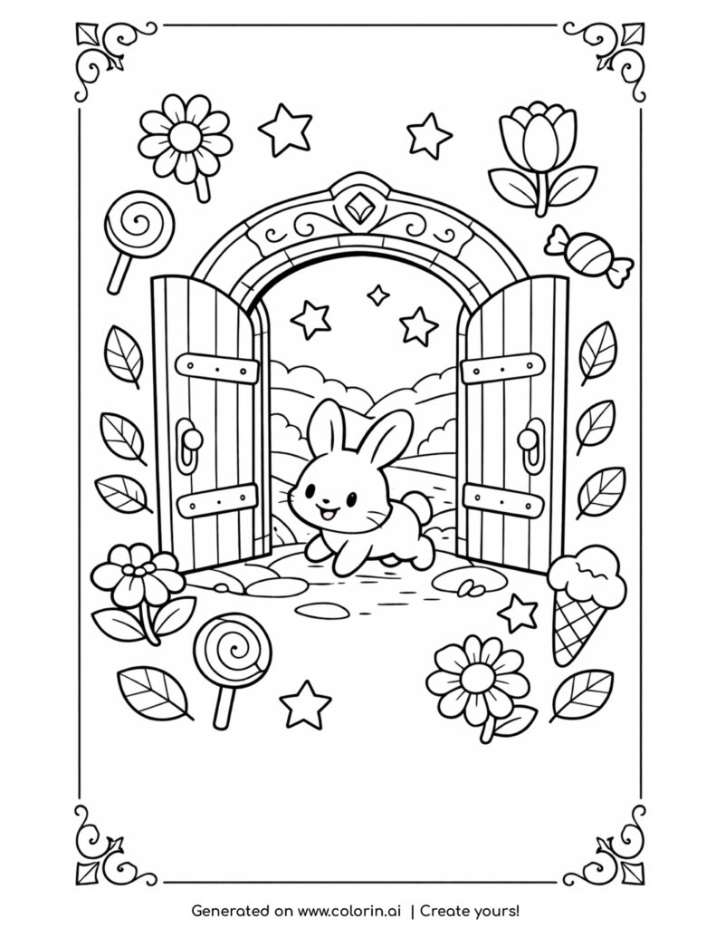 bunny crossing an enchanted door coloring page with stars flowers and candies coloring page
