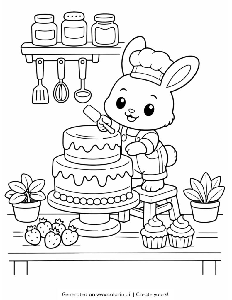 bunny decorating a cake in kitchen coloring page with baking tools and sweets coloring page