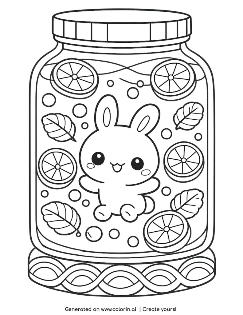 bunny floating in a jar coloring page with lemon slices and bubbles coloring page