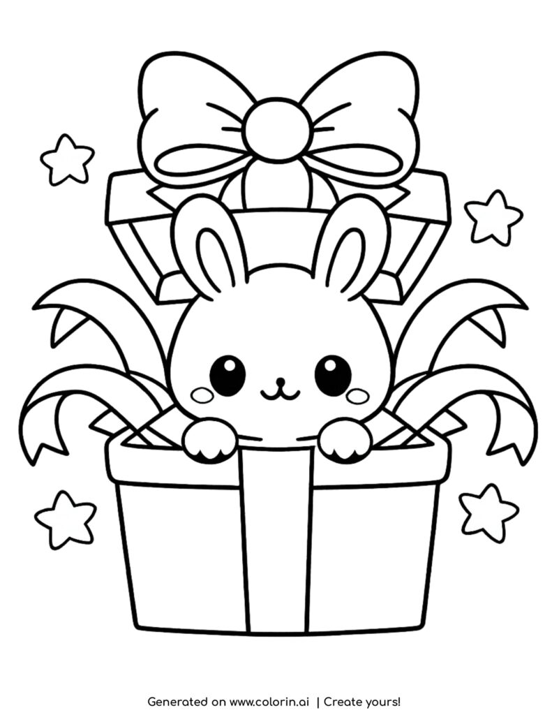 cute bunny popping out of a gift box with bow and stars coloring page