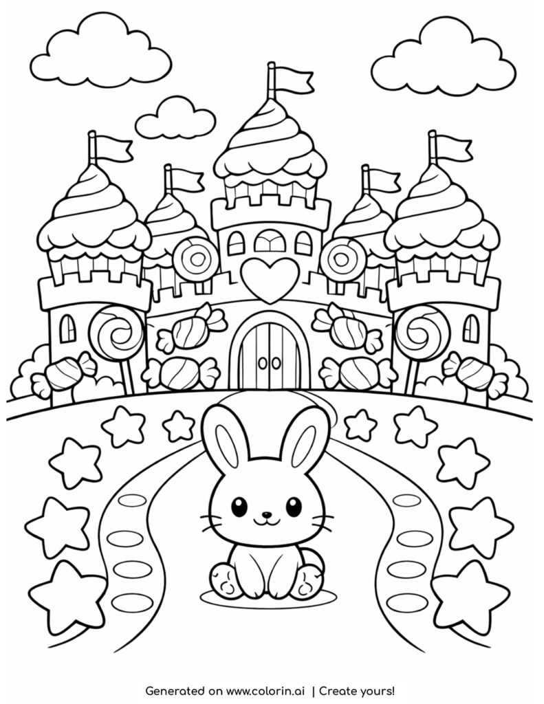 bunny in front of candy castle coloring page with stars and sweets around coloring page