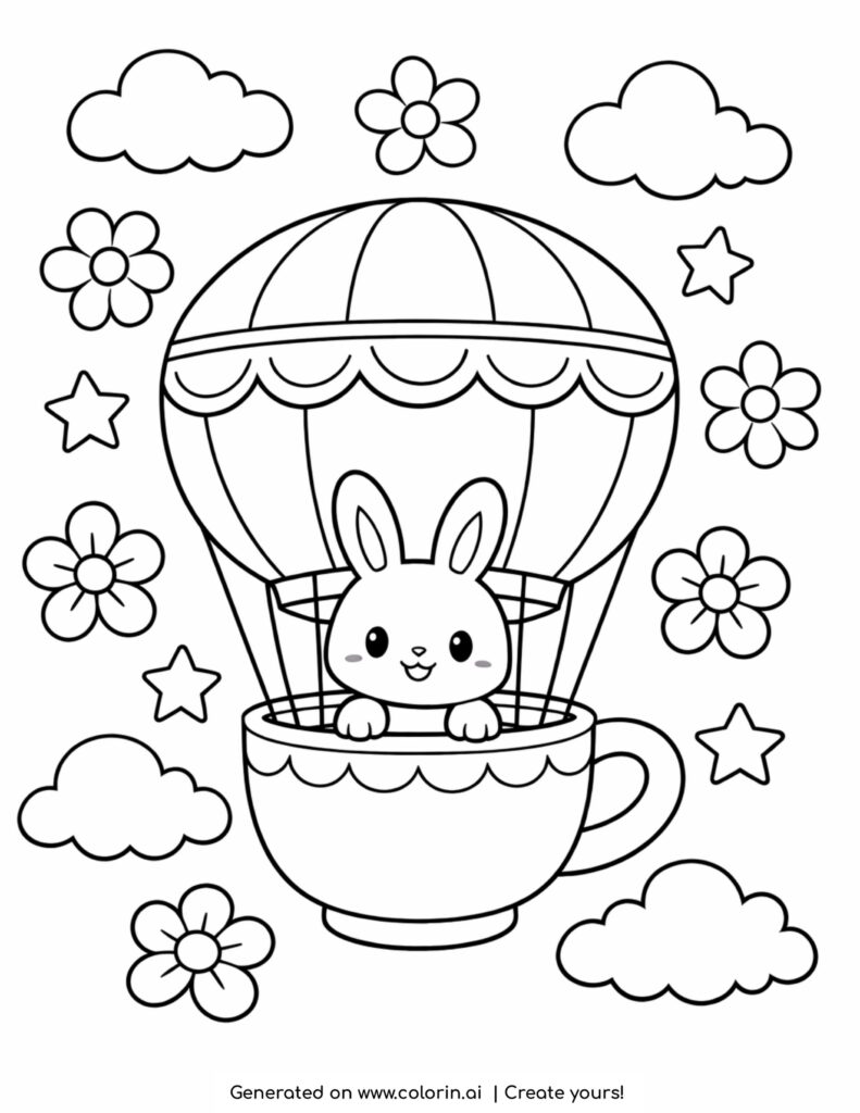 bunny in teacup hot air balloon coloring page with flowers clouds and stars coloring page