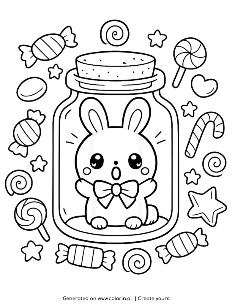 bunny inside a candy jar coloring page with sweets and stars around coloring page