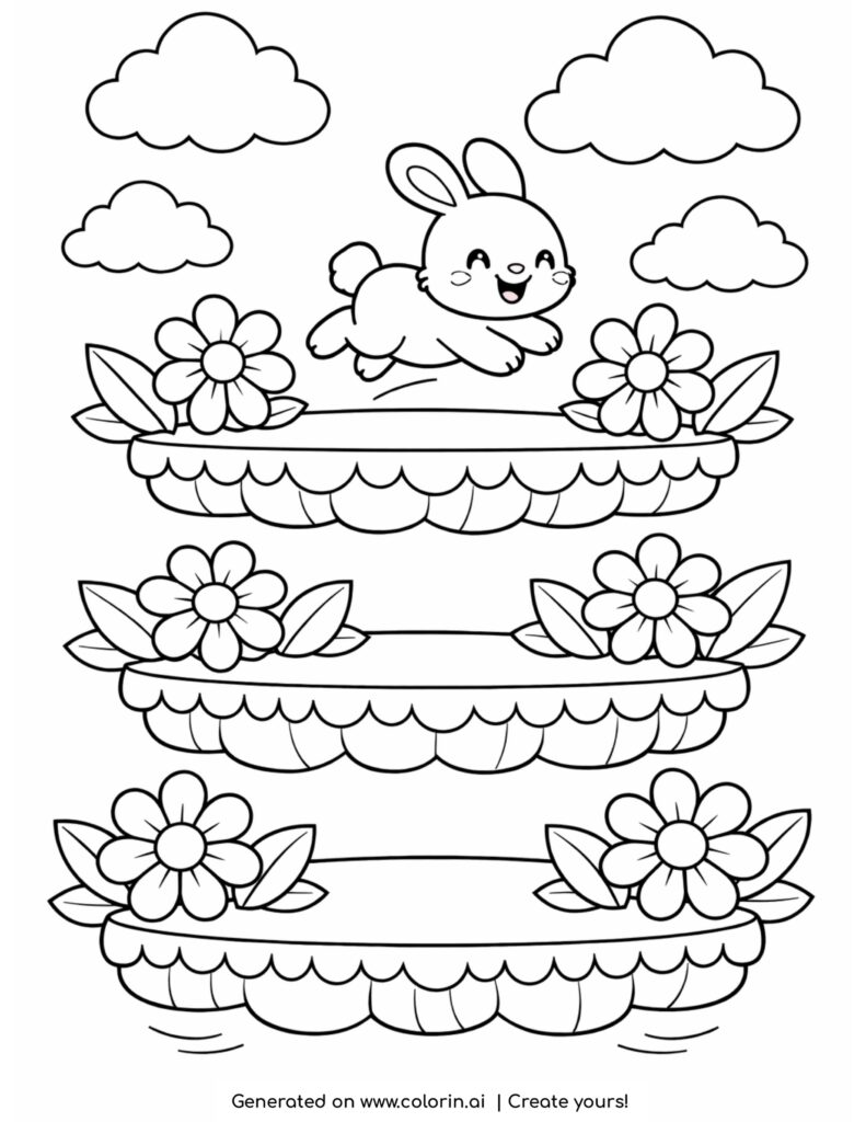 bunny jumping on floating garden platforms coloring page with flowers and clouds coloring page