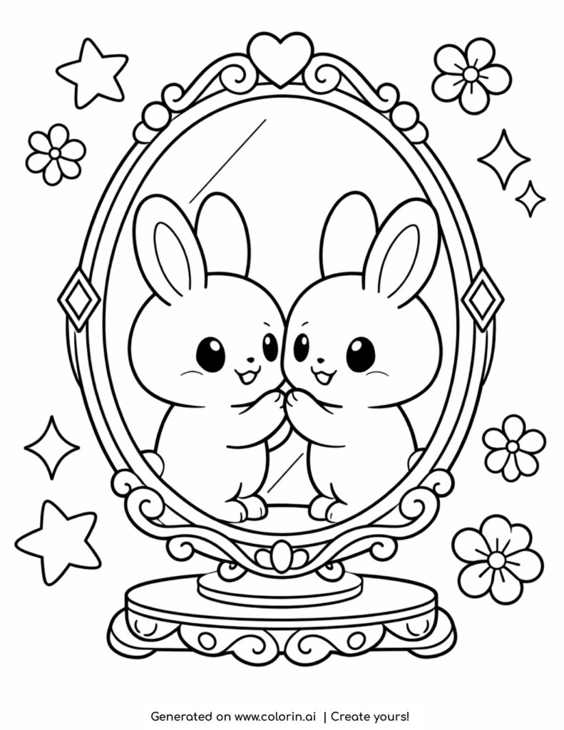 bunny looking at mirror reflection coloring page with flowers and stars coloring page
