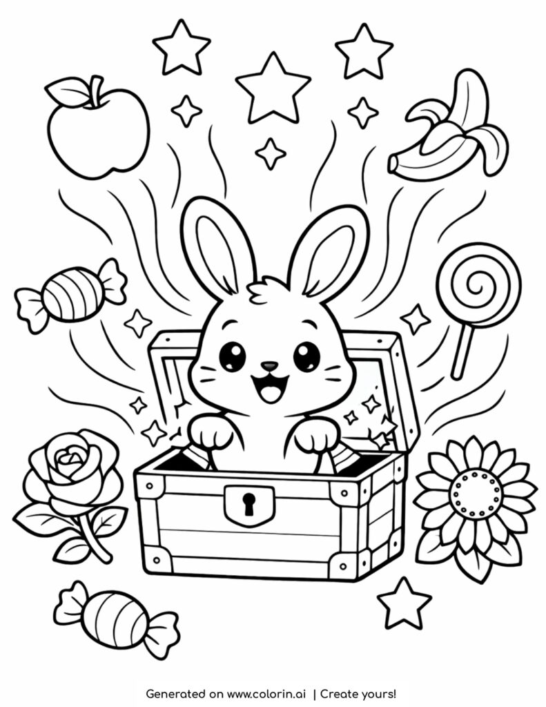 bunny popping out of magic box coloring page with sweets fruits and stars coloring page