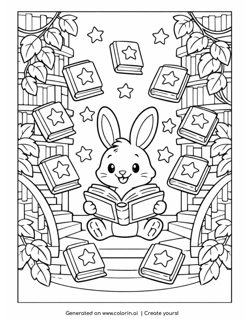 bunny reading in magical library coloring page with floating books and stars coloring page