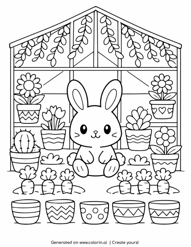 bunny sitting in greenhouse with plants coloring page with flowers and pots coloring page