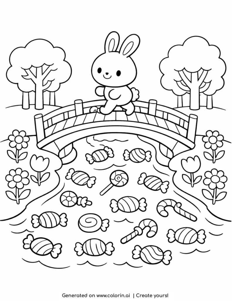 bunny walking on bridge over candy river coloring page with sweets and flowers coloring page