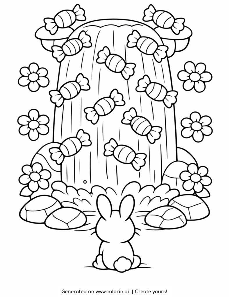 bunny watching a candy waterfall coloring page with falling sweets and flowers coloring page