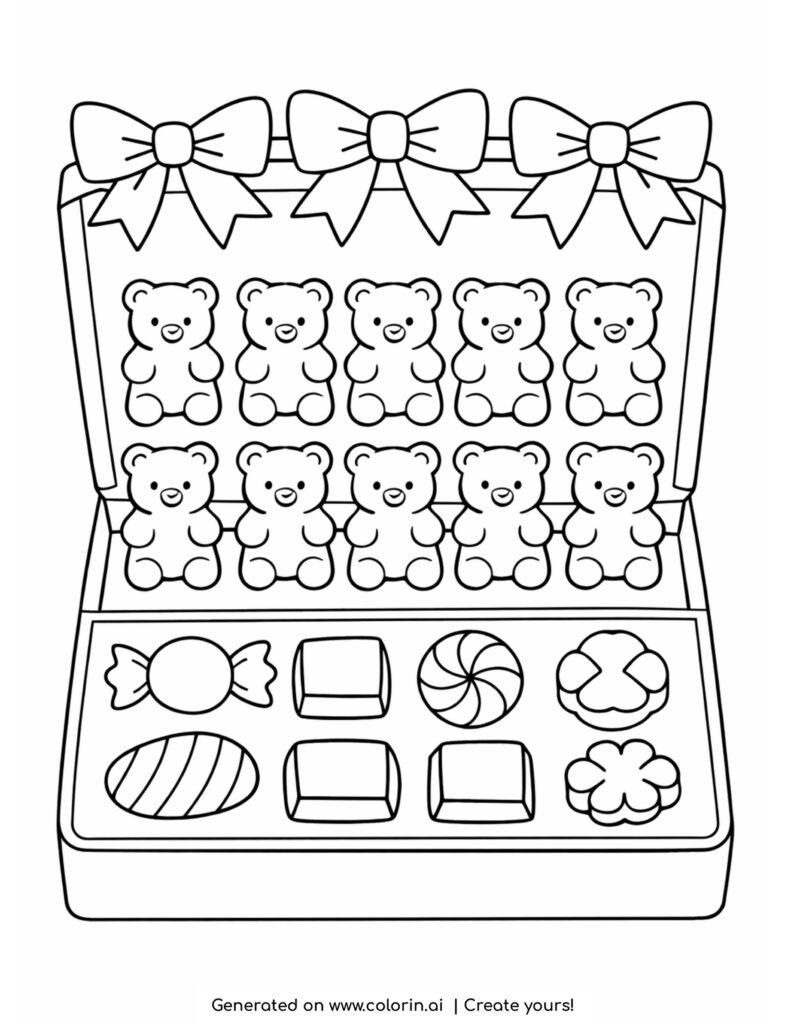 open candy box with gummy bears and assorted sweets with bows coloring page