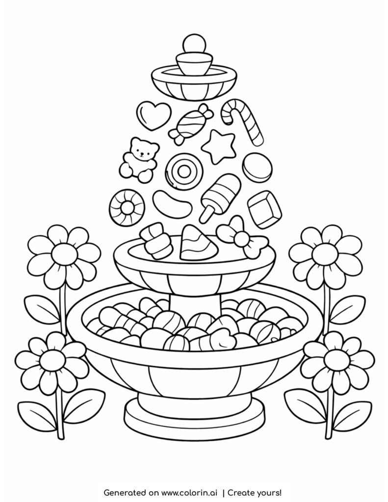 garden fountain with candies falling and flowers around coloring page