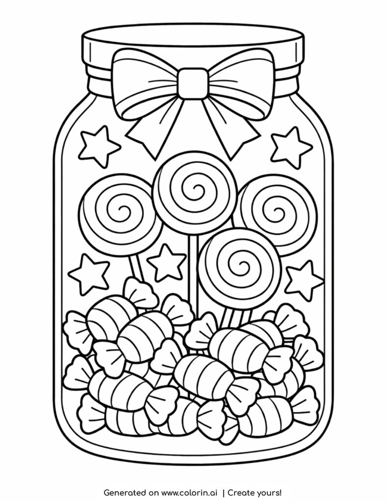 glass jar filled with candies and lollipops with stars and bow coloring page