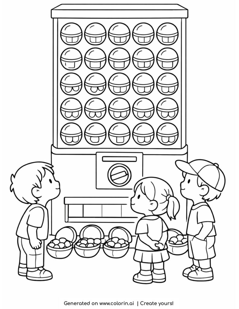 kids standing by candy vending machine with capsules coloring page