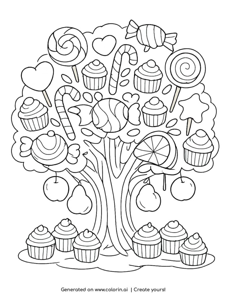 fantasy tree with candies cupcakes and fruits coloring page