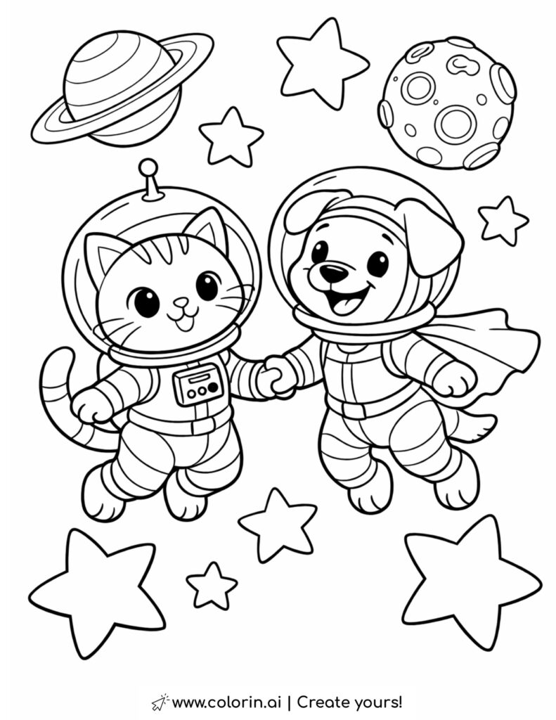 cat and dog astronauts floating in space coloring page