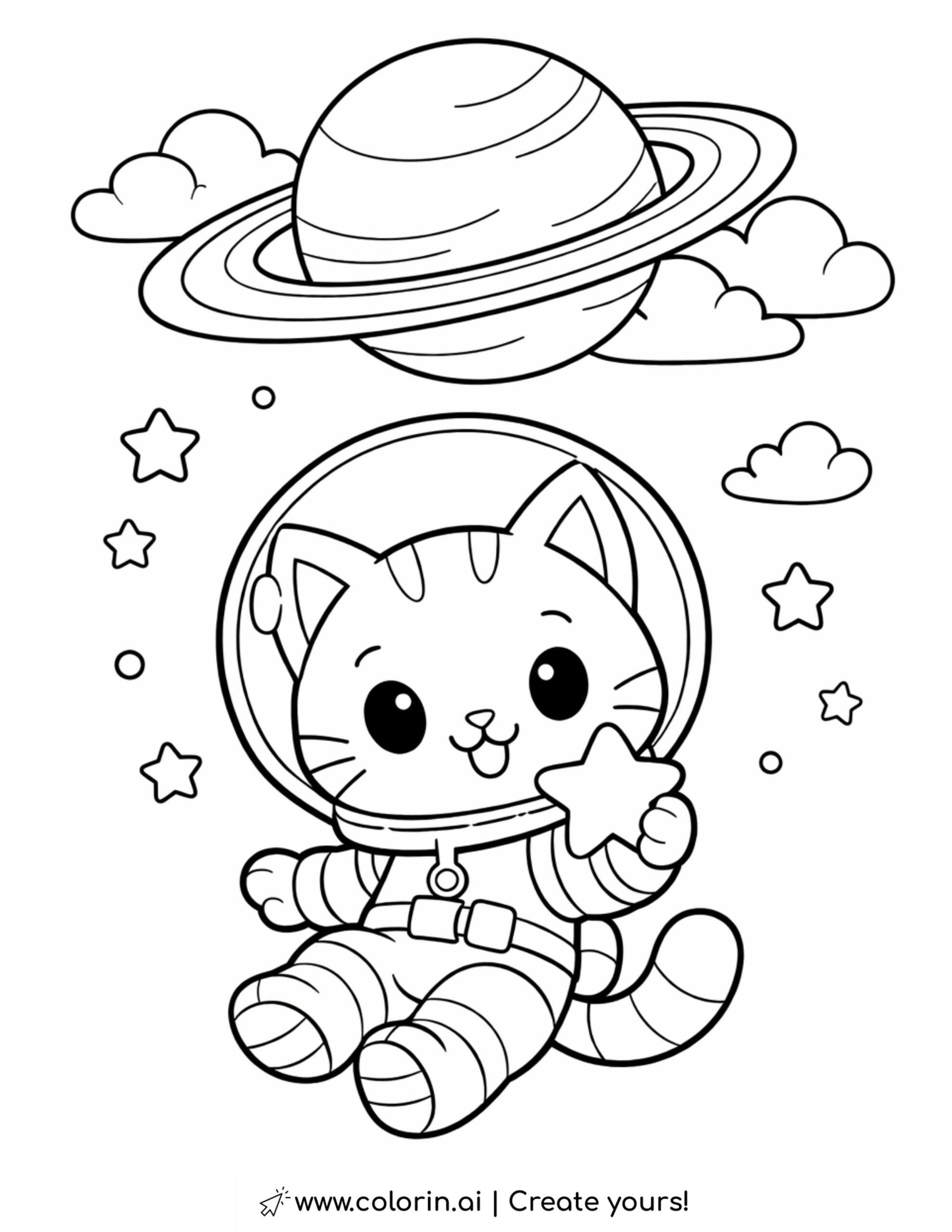 Cat Astronaut Holding a Star Coloring Page | Free Printable
