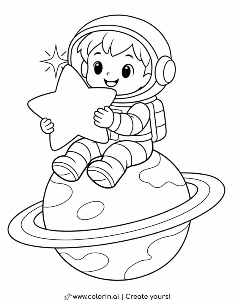 child astronaut holding a star coloring page sitting on a ringed planet