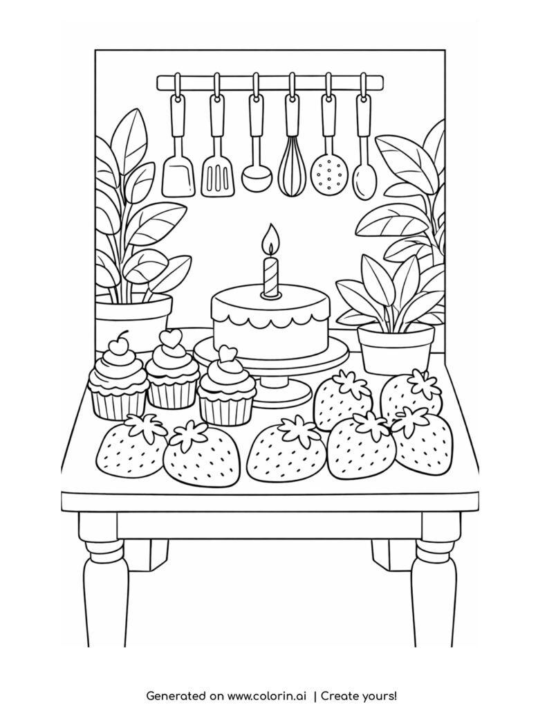 cozy kitchen table with cake cupcakes strawberries plants and utensils coloring page