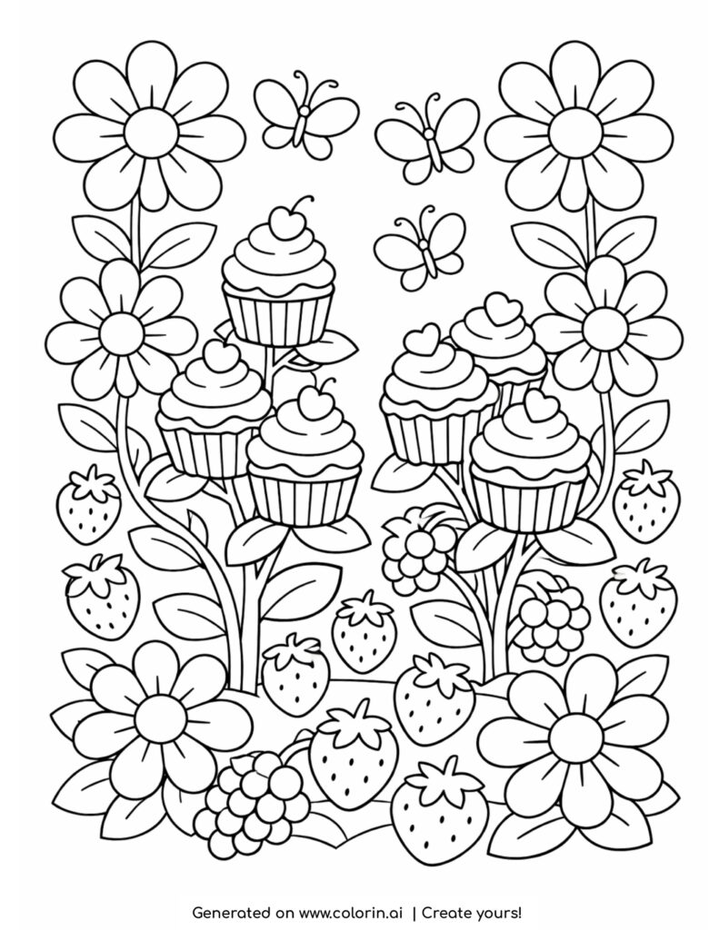 cupcake flowers with butterflies strawberries and garden elements coloring page