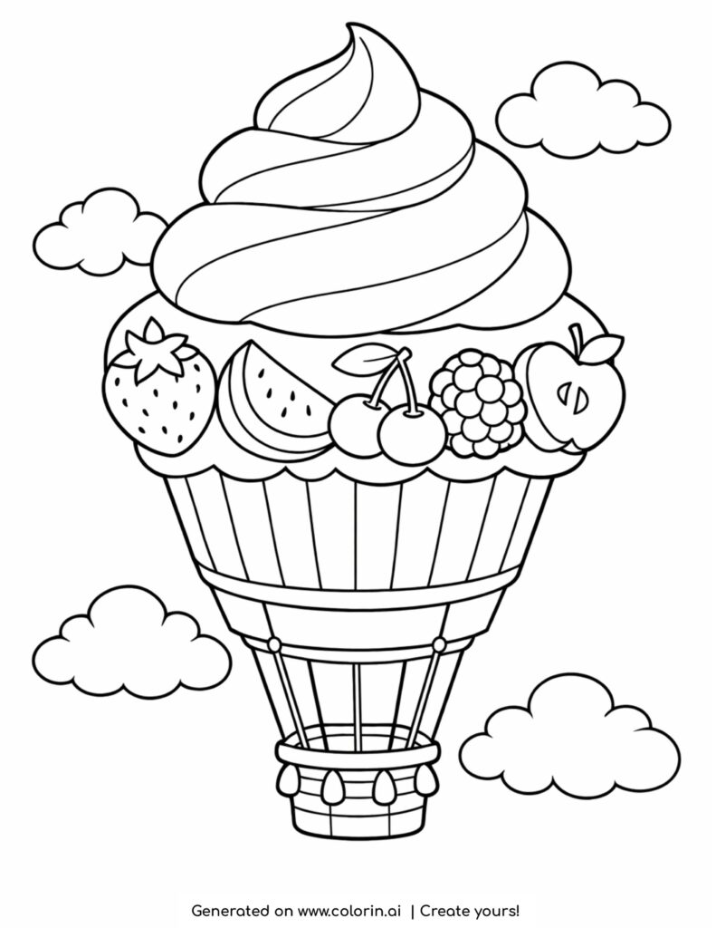 cupcake shaped hot air balloon with fruits and clouds coloring page