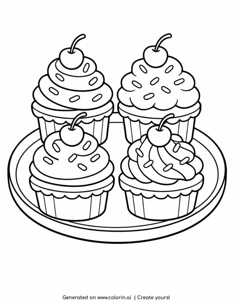 plate with four cupcakes frosting sprinkles and cherries coloring page