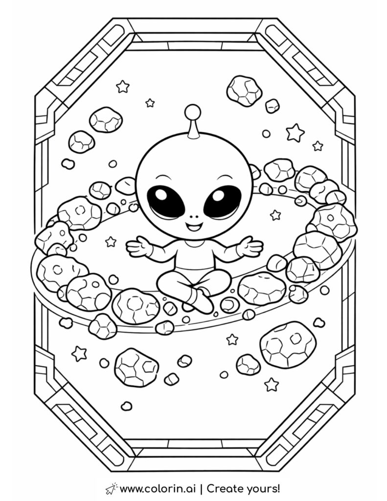 cute alien floating inside asteroid belt in space coloring page