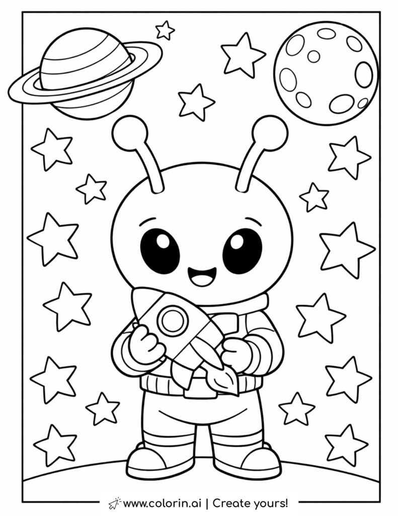 cute alien holding rocket coloring page