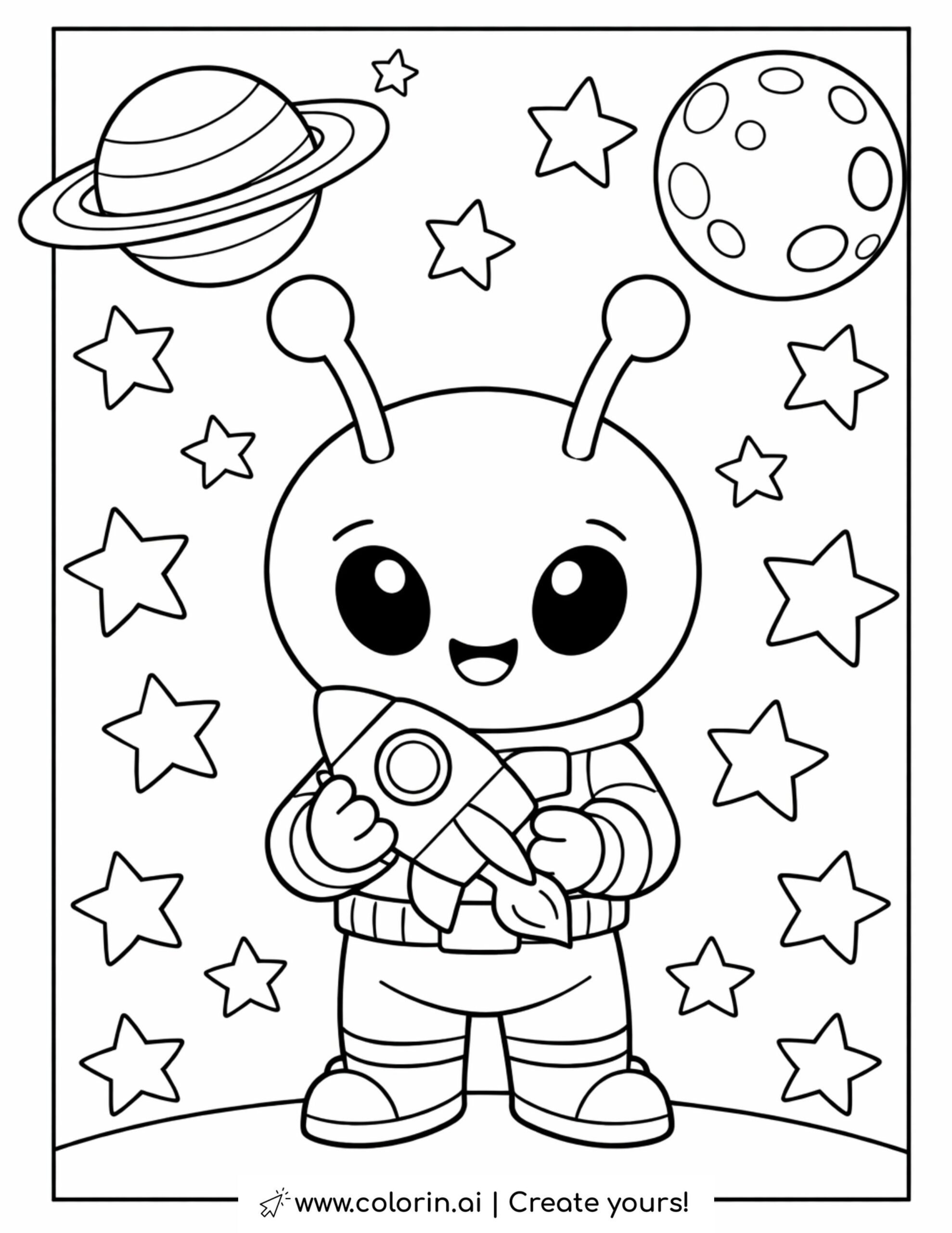 Cute Alien Holding Rocket Coloring Page | Free Printable