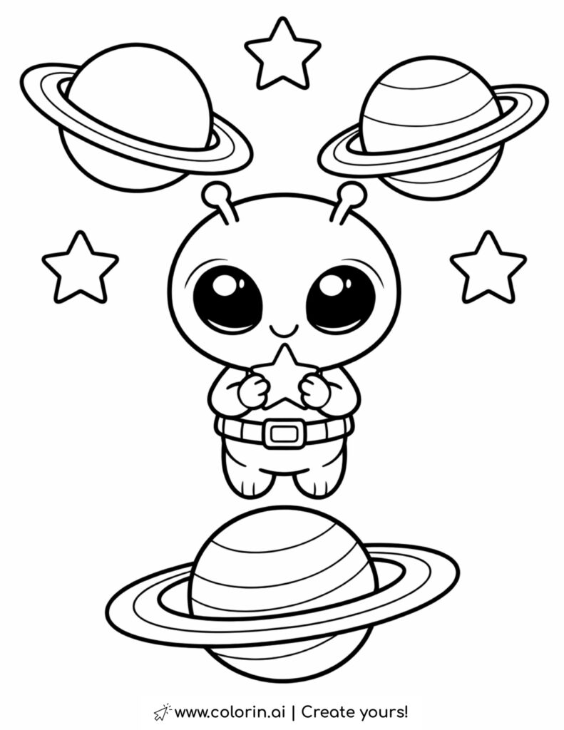 cute alien holding star among planets coloring page