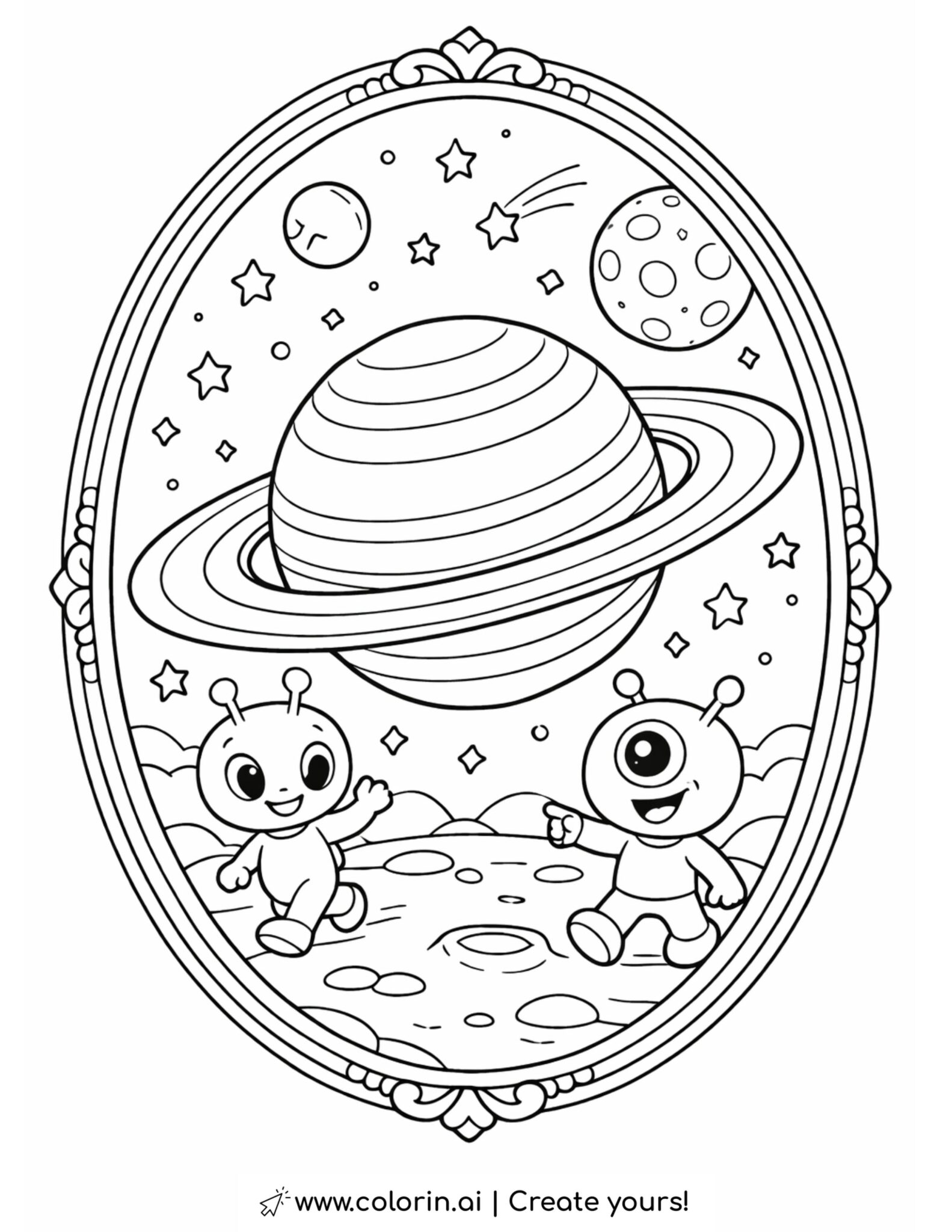 Cute Aliens and Ringed Planet Coloring Page | Free Printable