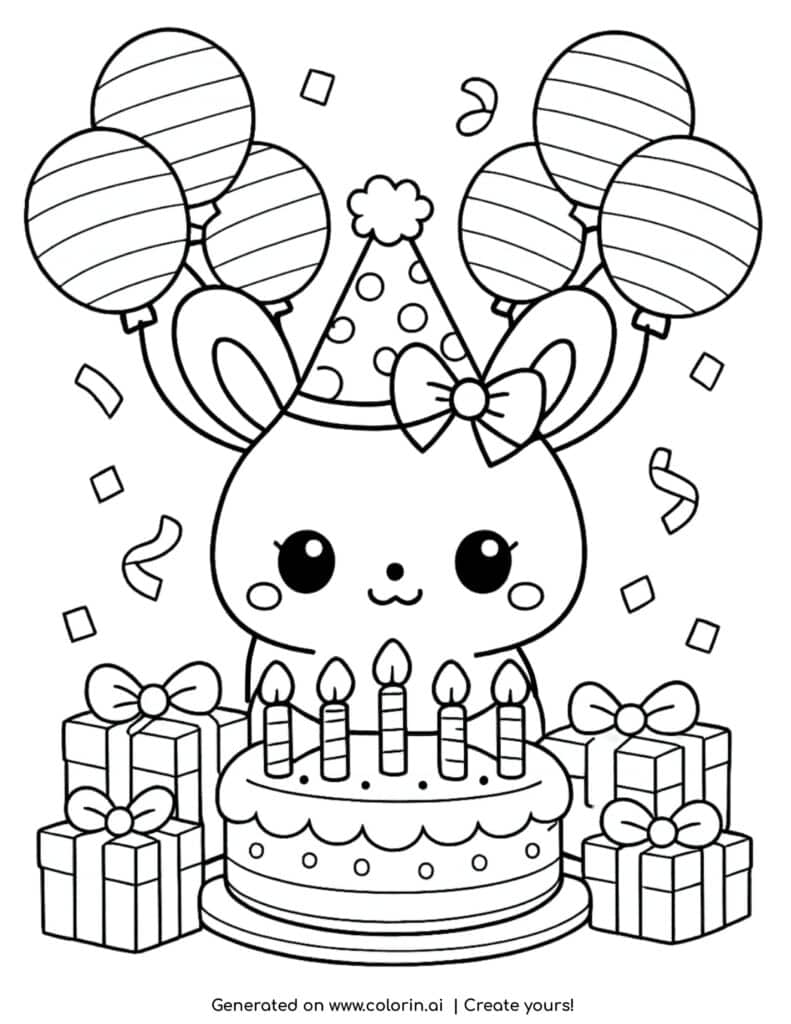 cute bunny birthday with cake balloons and presents coloring page