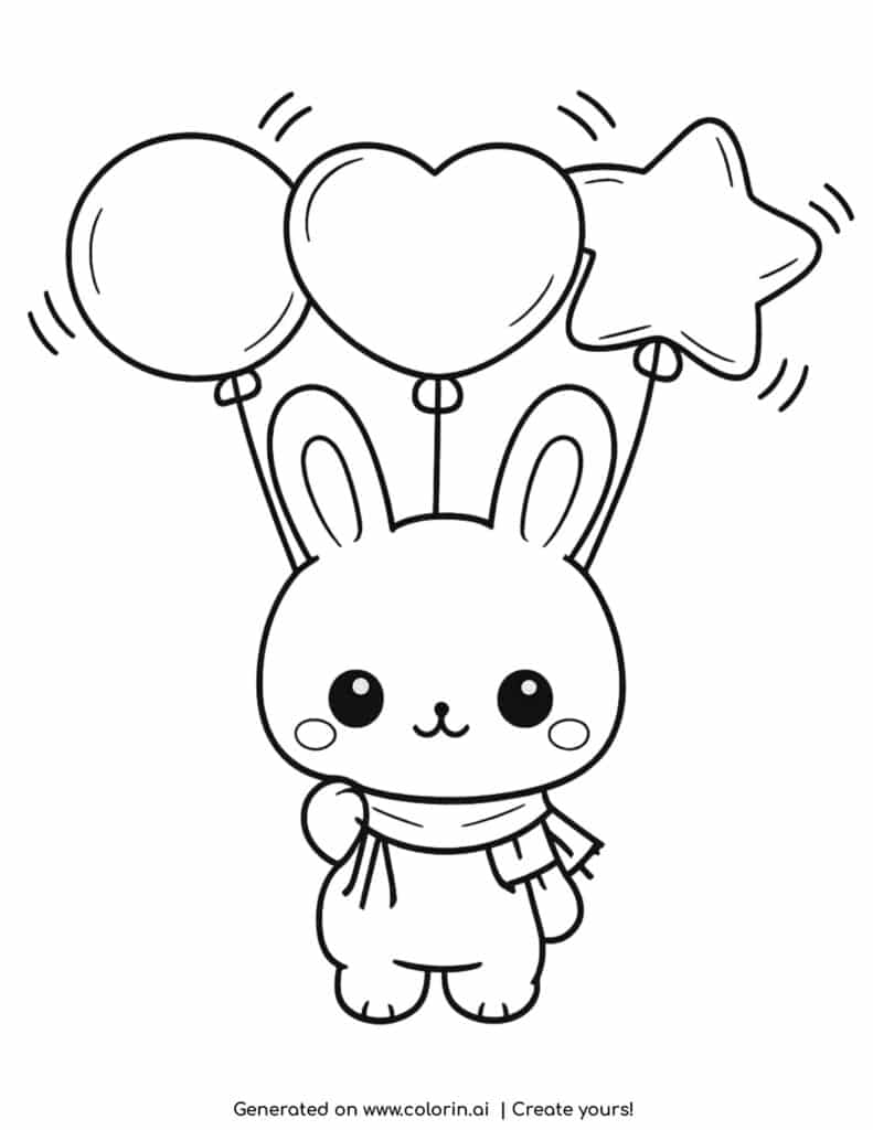 cute bunny holding balloons with heart and star shapes coloring page