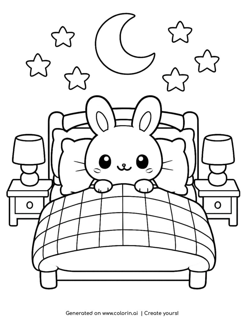 cute bunny tucked in bed with moon and stars coloring page