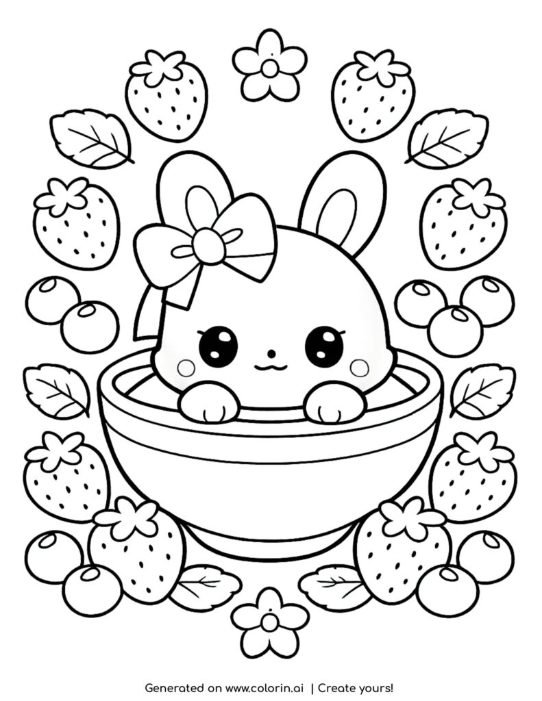 cute bunny in bowl surrounded by strawberries and berries coloring page